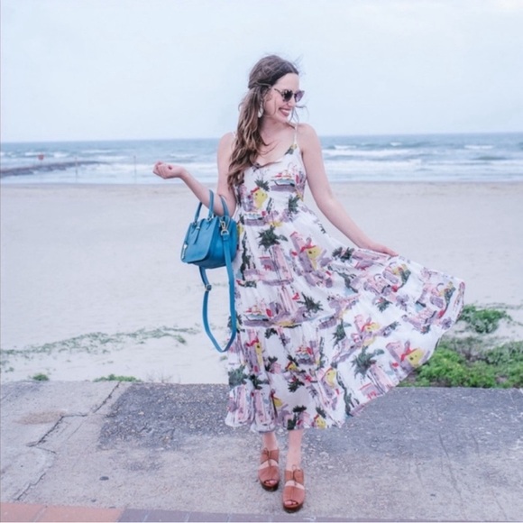 Anthropologie Lazy Bones Multicolor Cityscape Fit Flare Tiered Midi Dress Sz XS - Picture 3 of 12